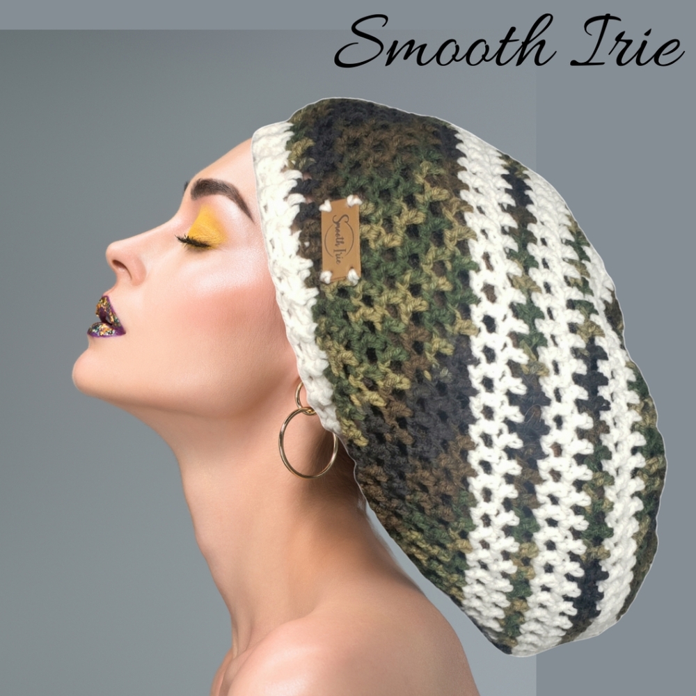 Smooth Irie- Mesh Crochet Tam Camo/White stripes Slouchy Hat Dreadlock Crown NWT